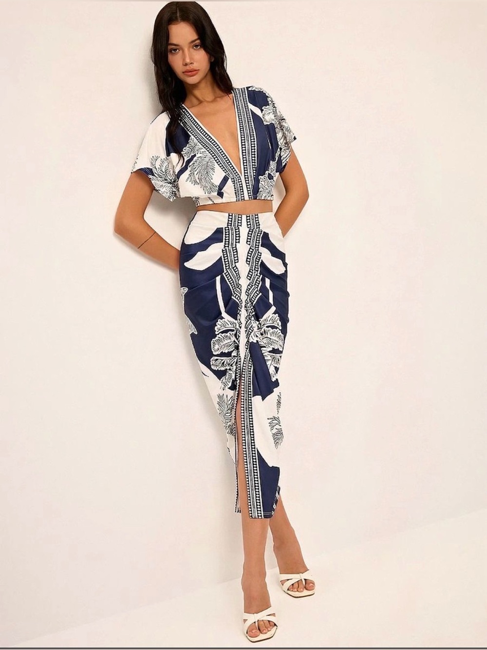 Commense Navy and White Two-Piece Tropical Print Dress
